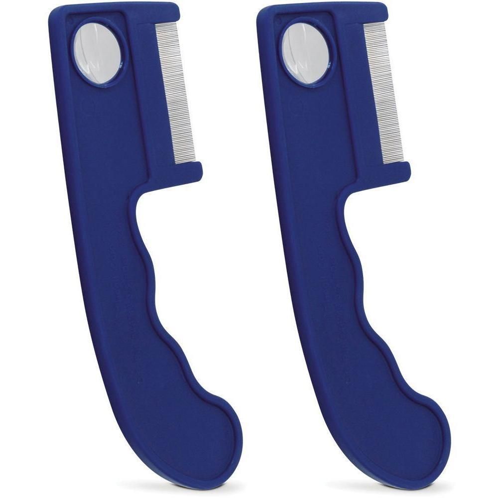 Due pettini blu con denti in metallo e manico rotondo.