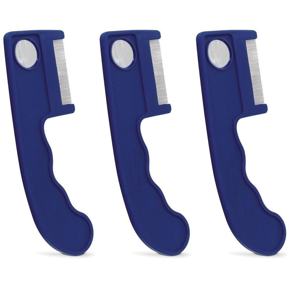 Tre pettini blu con denti in metallo e manico ergonomico.