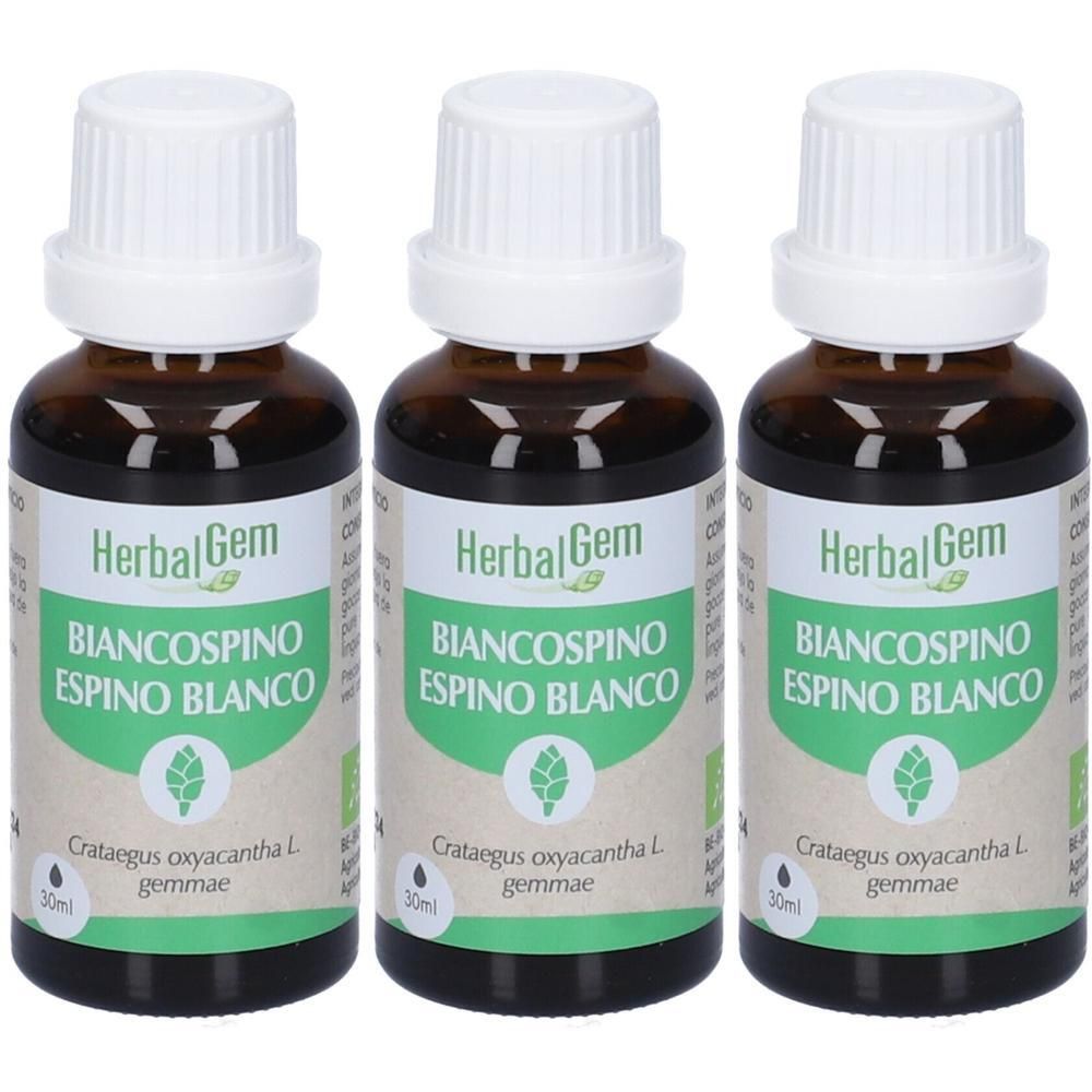 Tre flaconi in vetro ambrato con tappo a vite bianco, contenenti estratto liquido. Etichetta 'HerbalGem Biancospino Espino Blanco'.