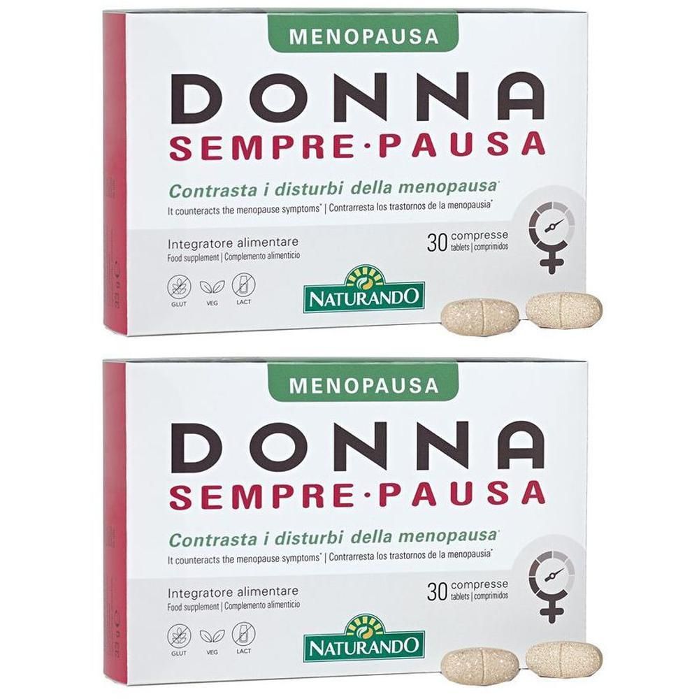 Due confezioni di integratore alimentare Donna Sempre Pausa per la menopausa, 30 compresse per confezione.