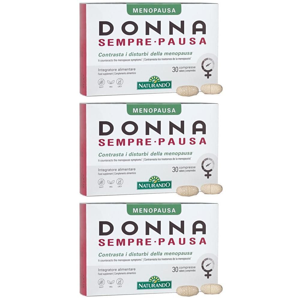 Tre confezioni di "Donna Sempre Pausa" da 30 compresse ciascuna per i disturbi della menopausa.