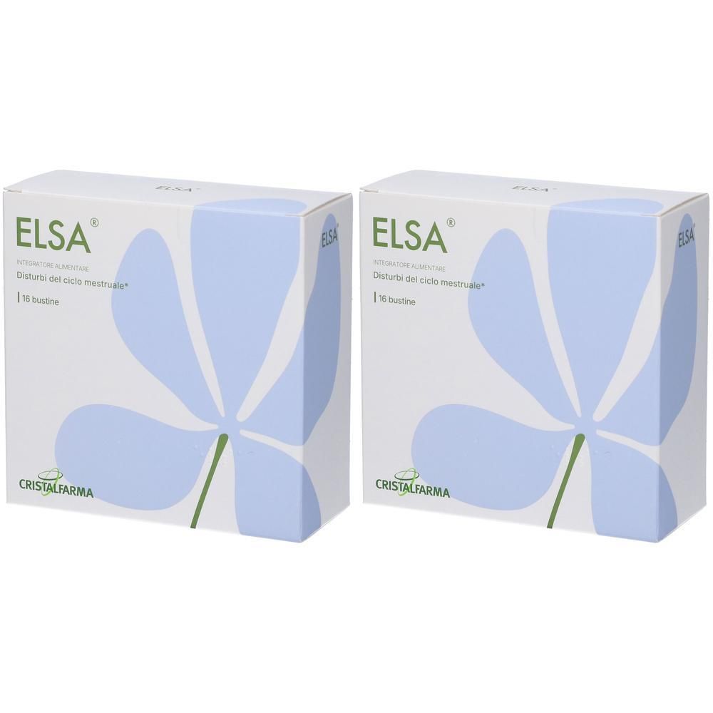 Due confezioni di Elsa con motivo floreale blu e logo Cristalfarma.