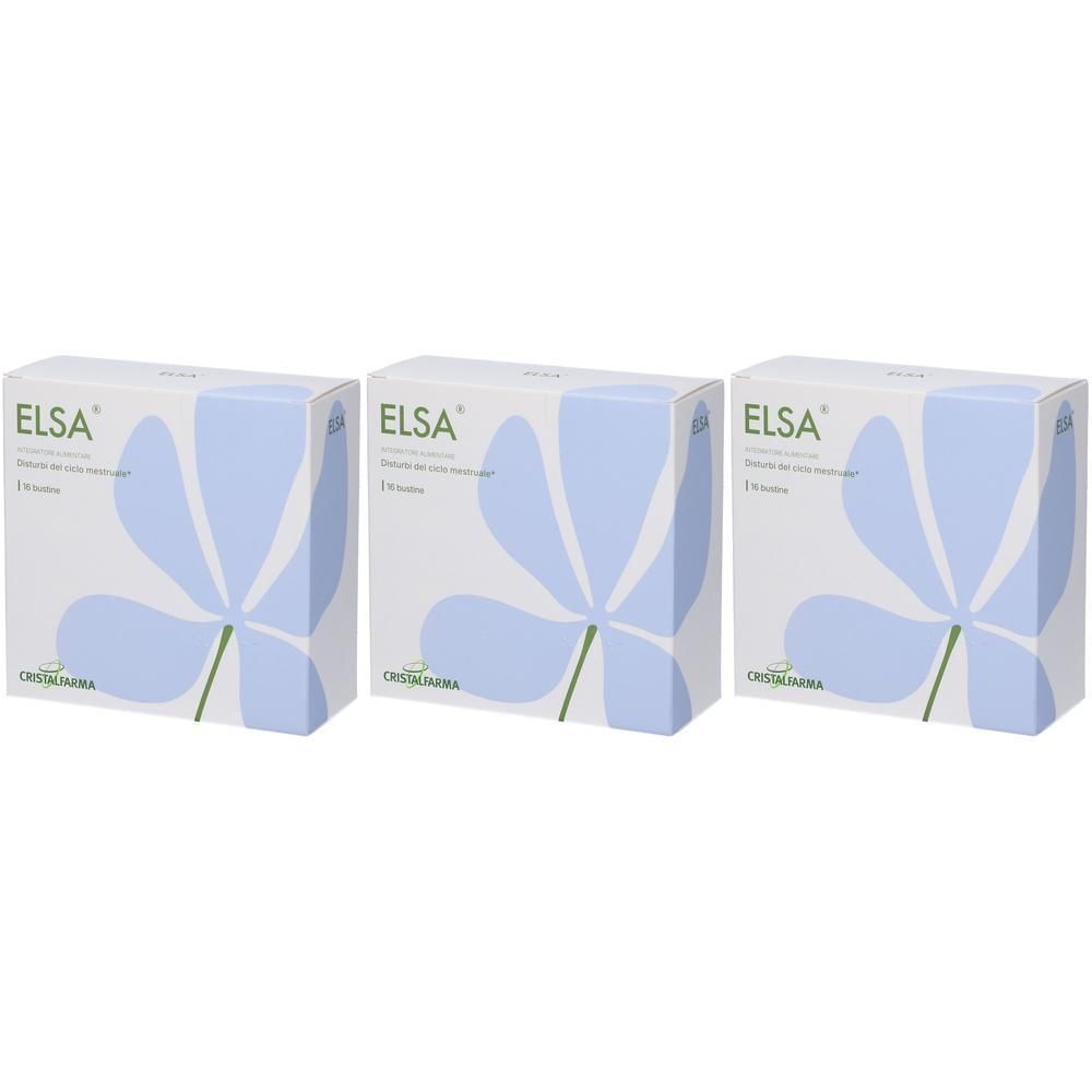 Tre confezioni di Elsa 16 Bustine con motivo floreale blu e logo.