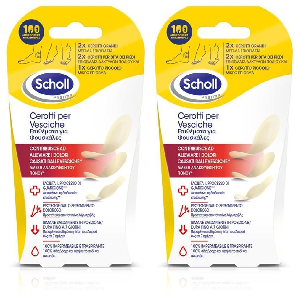 Cerotti Scholl per vesciche: 2x grandi, 2x medi, 1x piccoli. Confezione gialla e bianca con immagini di piedi.