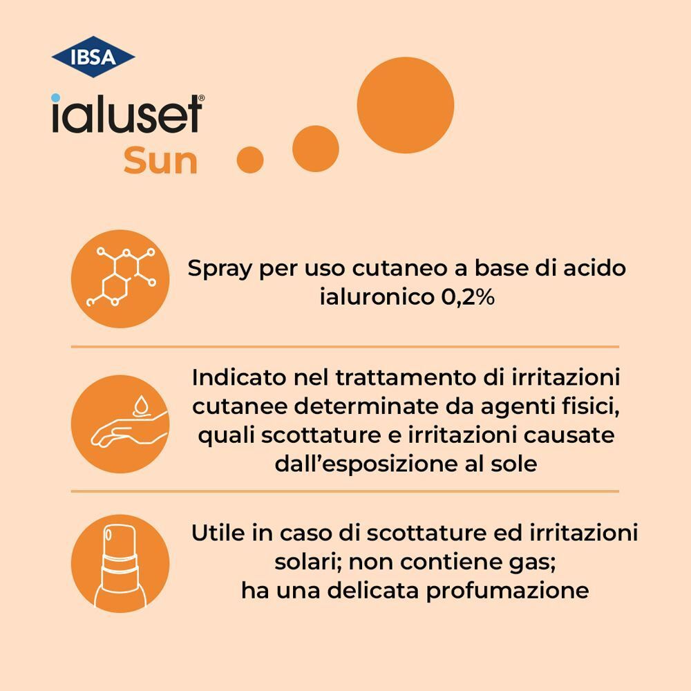 Ialuset Sun Spray: spray cutaneo a base di acido ialuronico, per irritazioni solari.