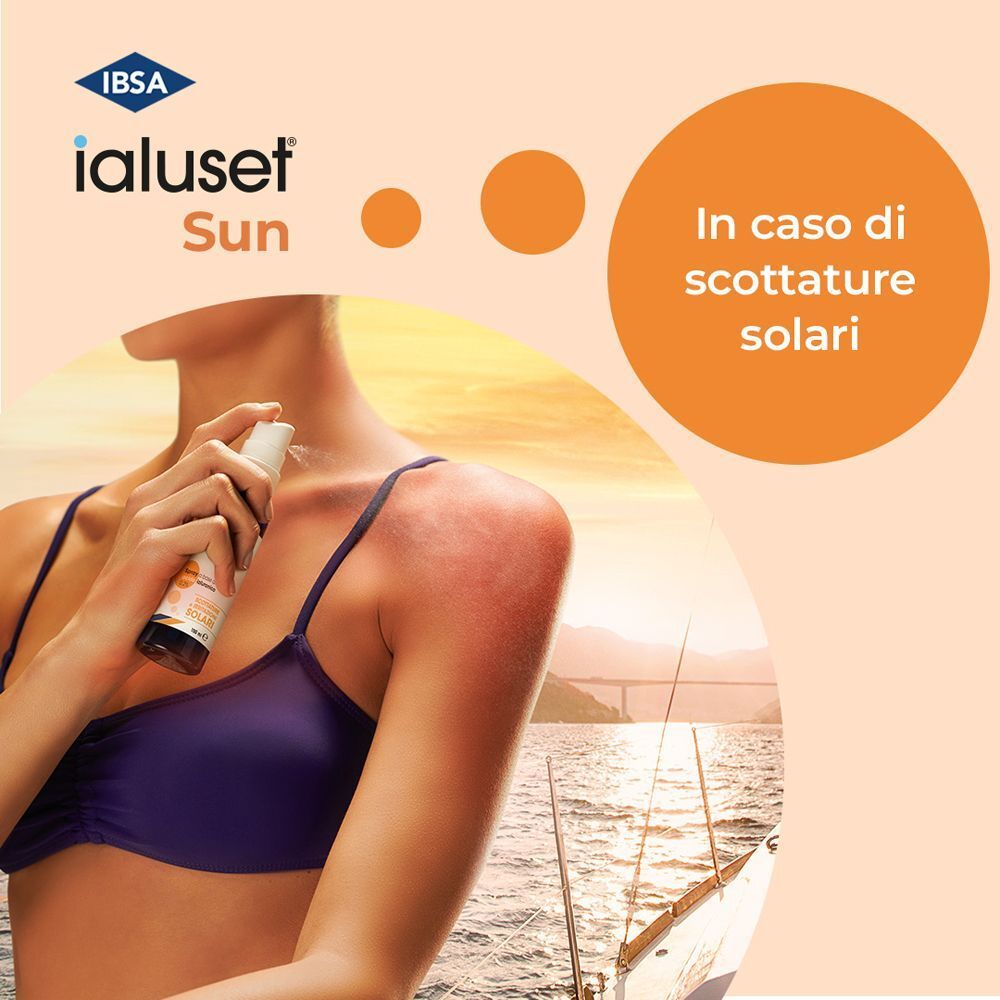 Donna con scottatura solare sul braccio che usa Ialuset Sun Spray. Testo: 'In caso di scottature solari'.