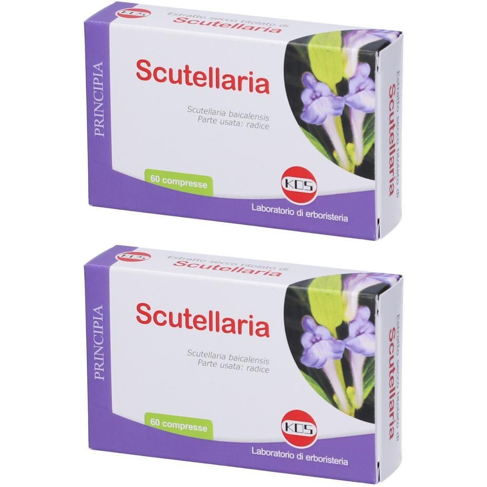 Due confezioni di compresse Scutellaria con illustrazione di pianta e dati del produttore.