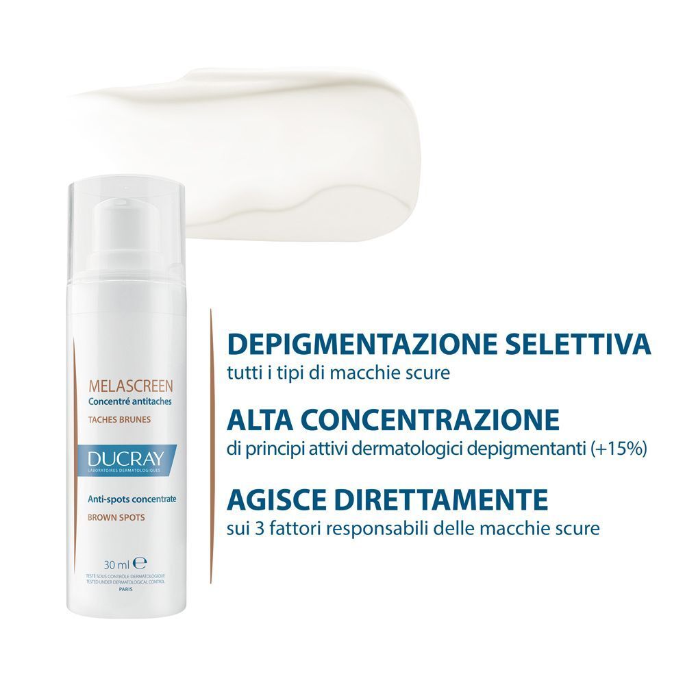 Flacone pompa bianco Ducray Melascreen concentrato anti-macchie con testo.