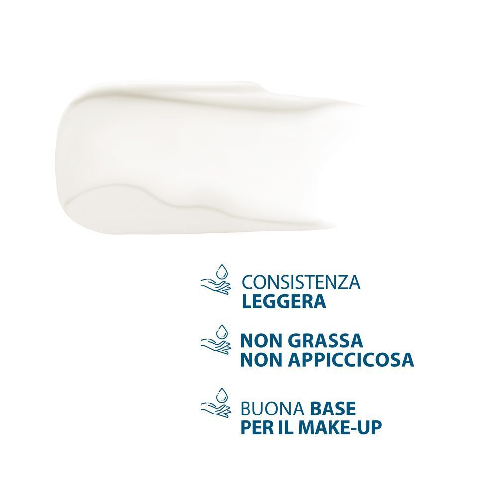 Texture crema bianca con icone per applicazione leggera e non grassa.