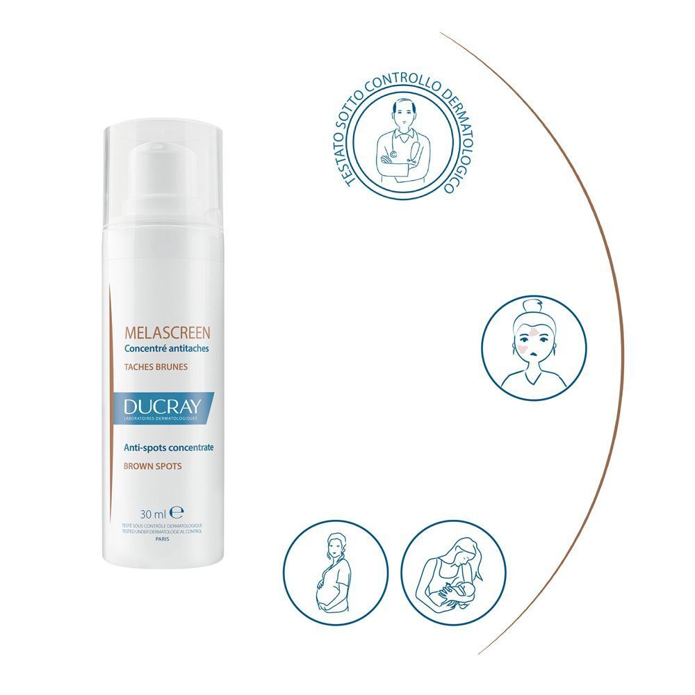 Flacone Ducray Melascreen Concentrato anti-macchie con sigilli dermatologici e icone.