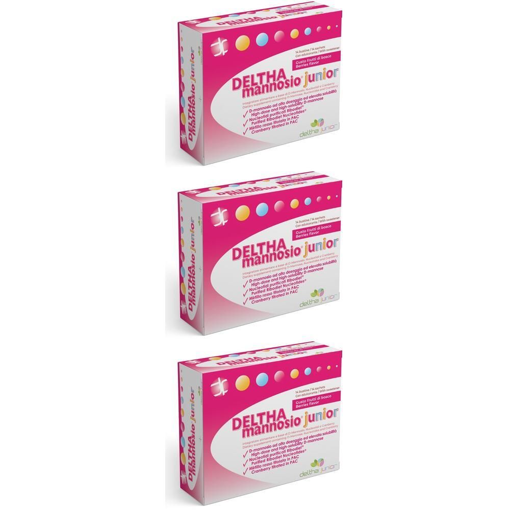 Tre confezioni di Deltha Mannosio Junior, design rosa e bianco, simboli di pillole e testo.