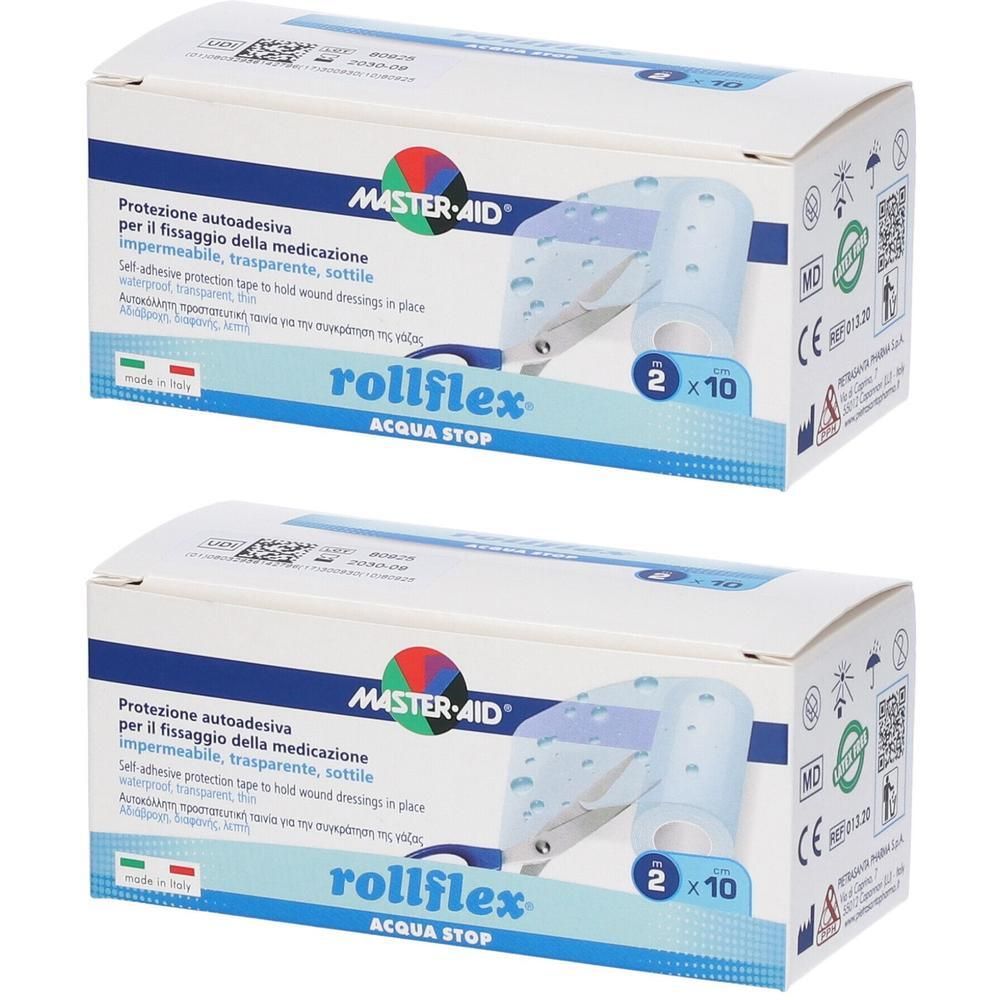 Due confezioni di cerotti Master Aid Rollflex Acqua Stop. Trasparenti, impermeabili.
