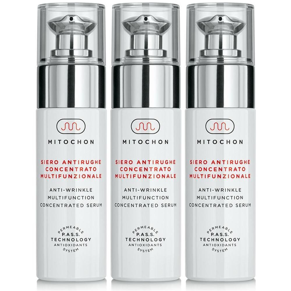 Tre flaconi bianchi con dispenser a pompa, Mitochon Siero Concentrato Anti-Rughe Multifunzionale.