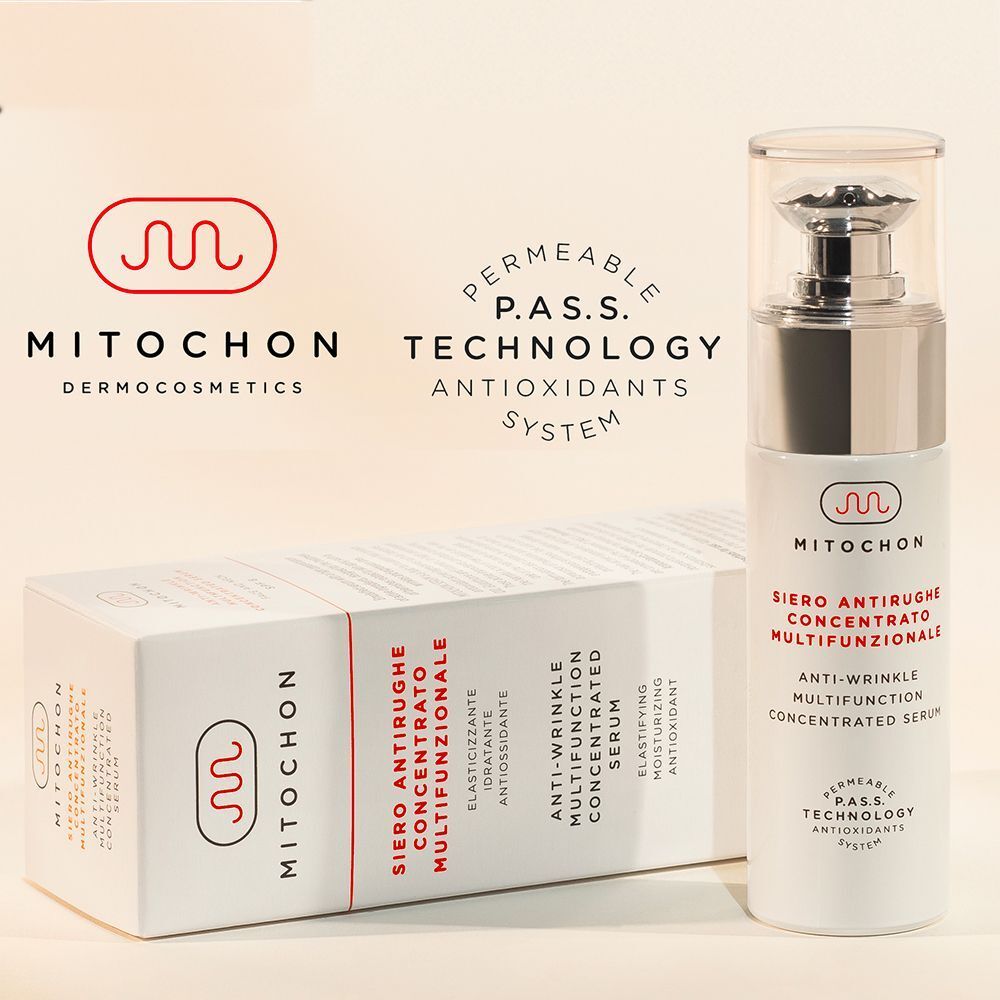 Confezione prodotto bianca e flacone dispenser, Mitochon Dermocosmetics Siero Concentrato Anti-Rughe Multifunzionale.