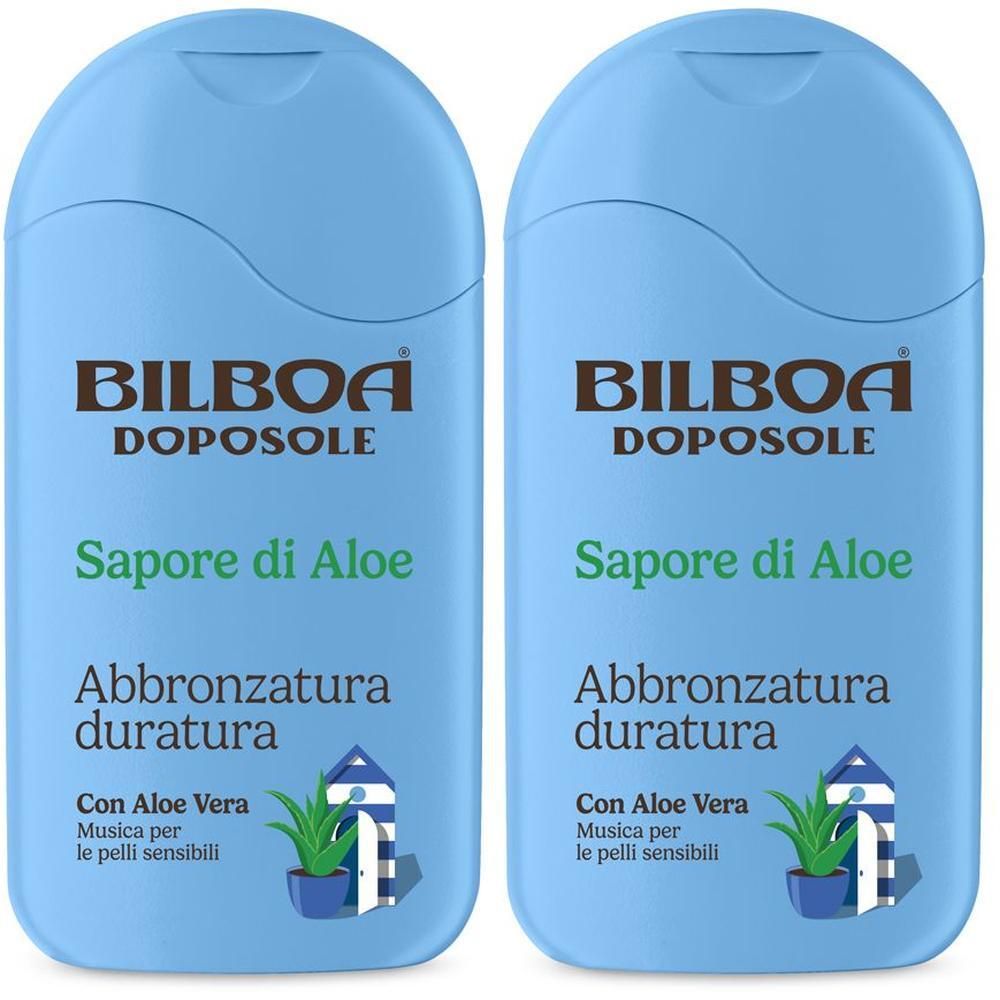 Due flaconi blu Bilboa Sapore di Aloe con Aloe Vera per abbronzatura duratura.