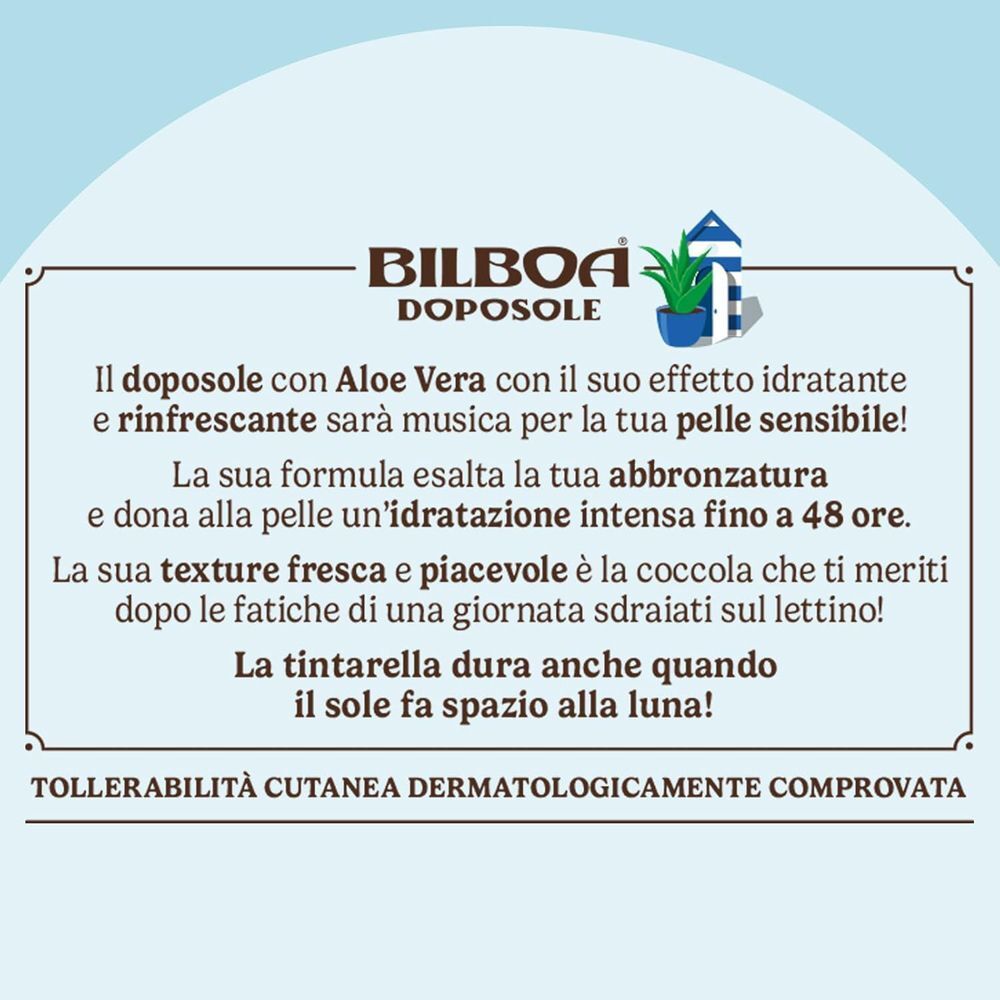 Area di testo con informazioni su Bilboa Doposole con Aloe Vera, idratante e rinfrescante.