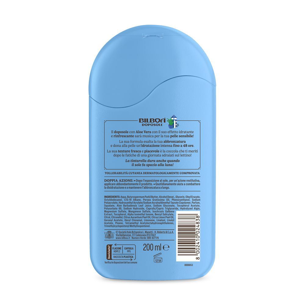Retro di un flacone blu Bilboa Doposole con informazioni sul prodotto e codice a barre.