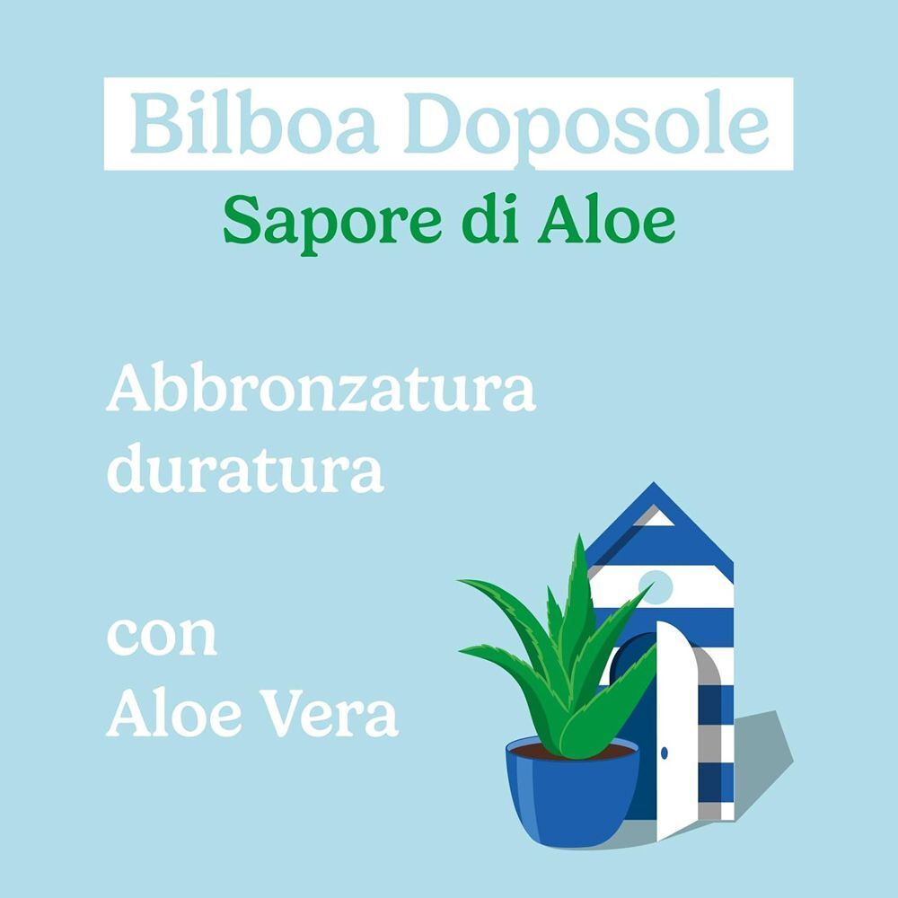 Bilboa Doposole Sapore di Aloe con Aloe Vera e illustrazione di cabina da spiaggia.