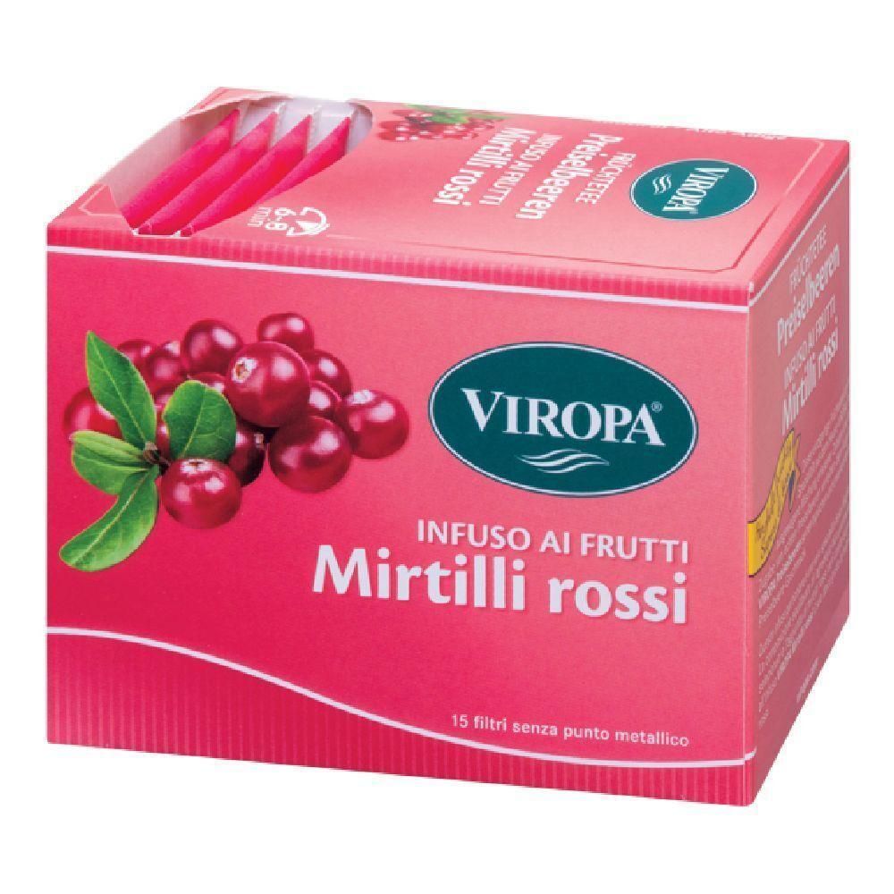 Tè Viroppa Mirtilli Rossi: 15 filtri con bacche rosse e foglie sulla confezione.