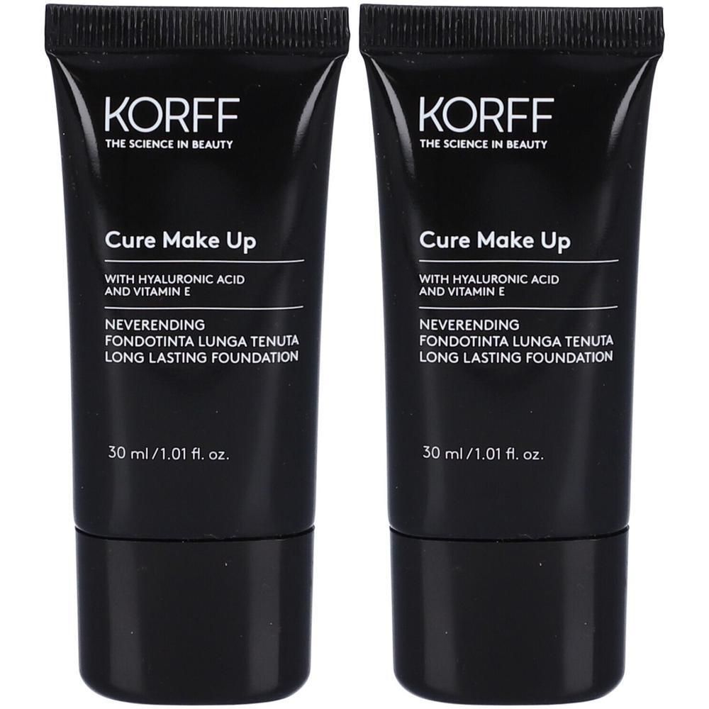 Due tubetti neri di fondotinta KORFF Cure Make Up, 30 ml ciascuno.