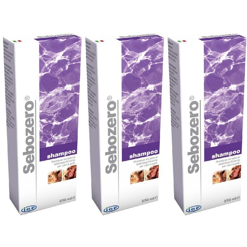 Tre confezioni di Sebozero Shampoo, 250 ml ciascuna.