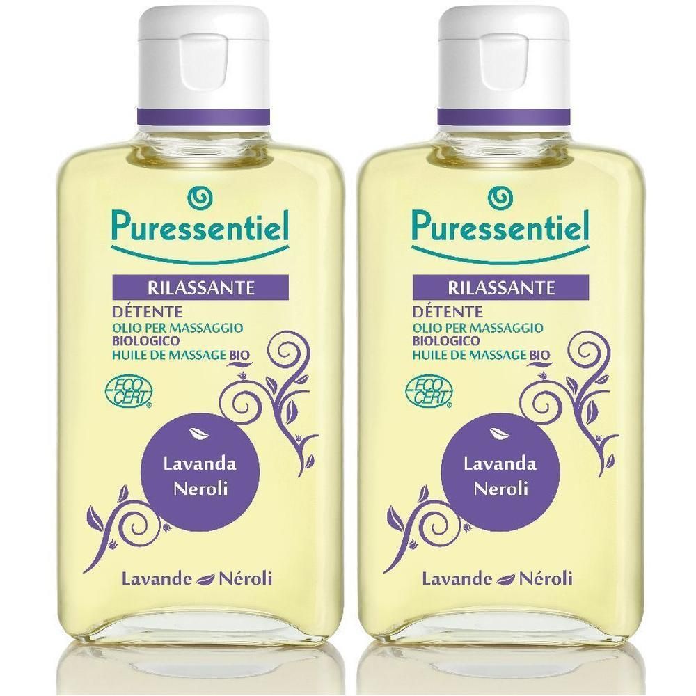 Due flaconi di olio da massaggio biologico Puressentiel Rilassante Lavanda Neroli. Sigillo ECO CERT visibile.