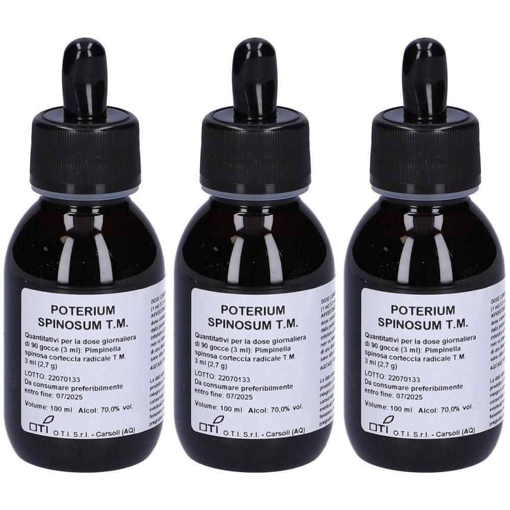 Tre flaconi contagocce marroni con tappo nero e contagocce. Etichette con "POTERIUM SPINOSUM T.M.".