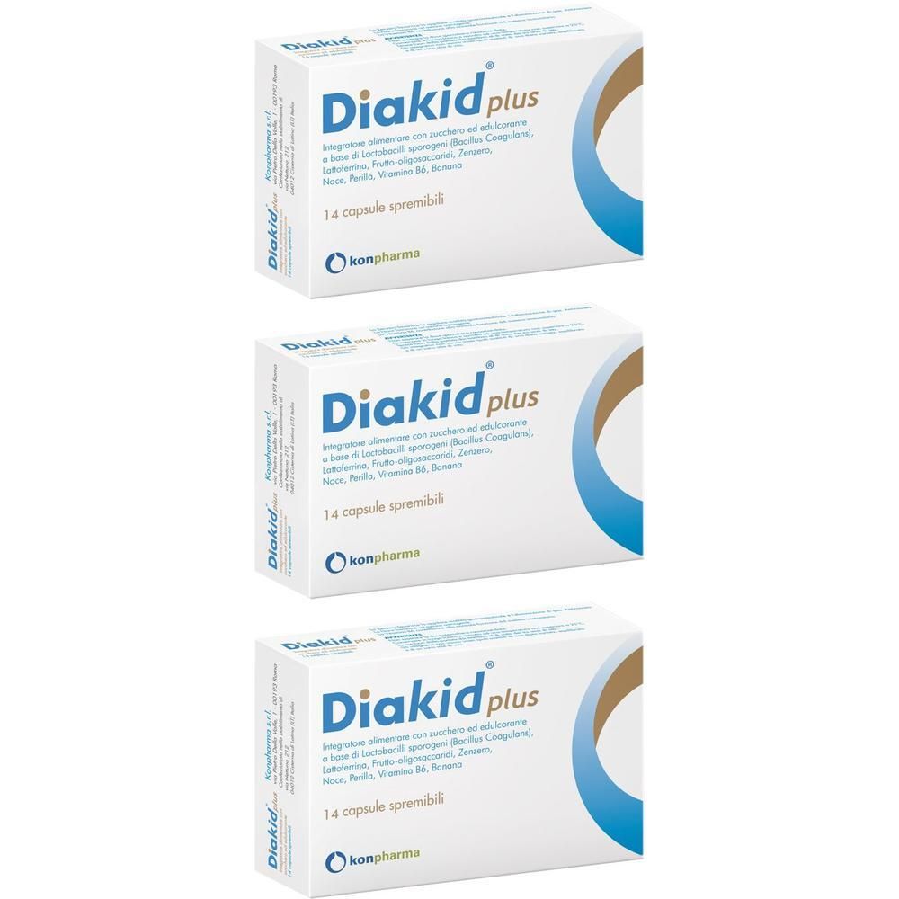 Tre confezioni di Diakid Plus, 14 capsule. Konpharma.