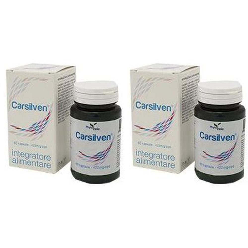 Due confezioni di capsule Carsilven con foglietto illustrativo e flaconcino.