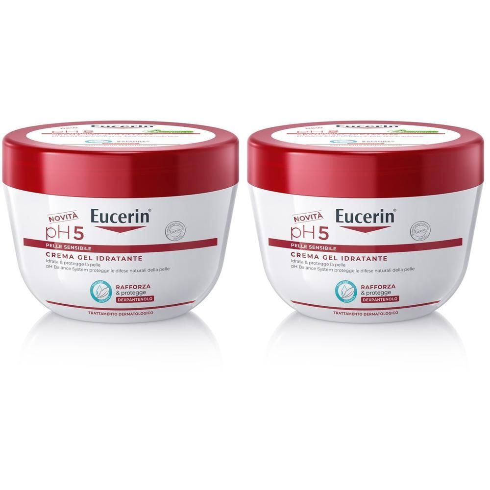 Due Eucerin pH5 Crema Gel Idratante con tappo rosso su sfondo bianco.