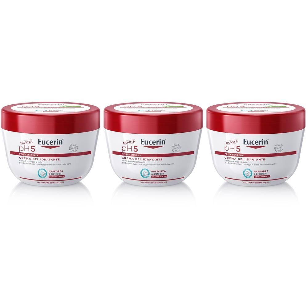 Tre vasetti di Eucerin pH5 Crema Gel Idratante, contenitori bianchi con tappi rossi.