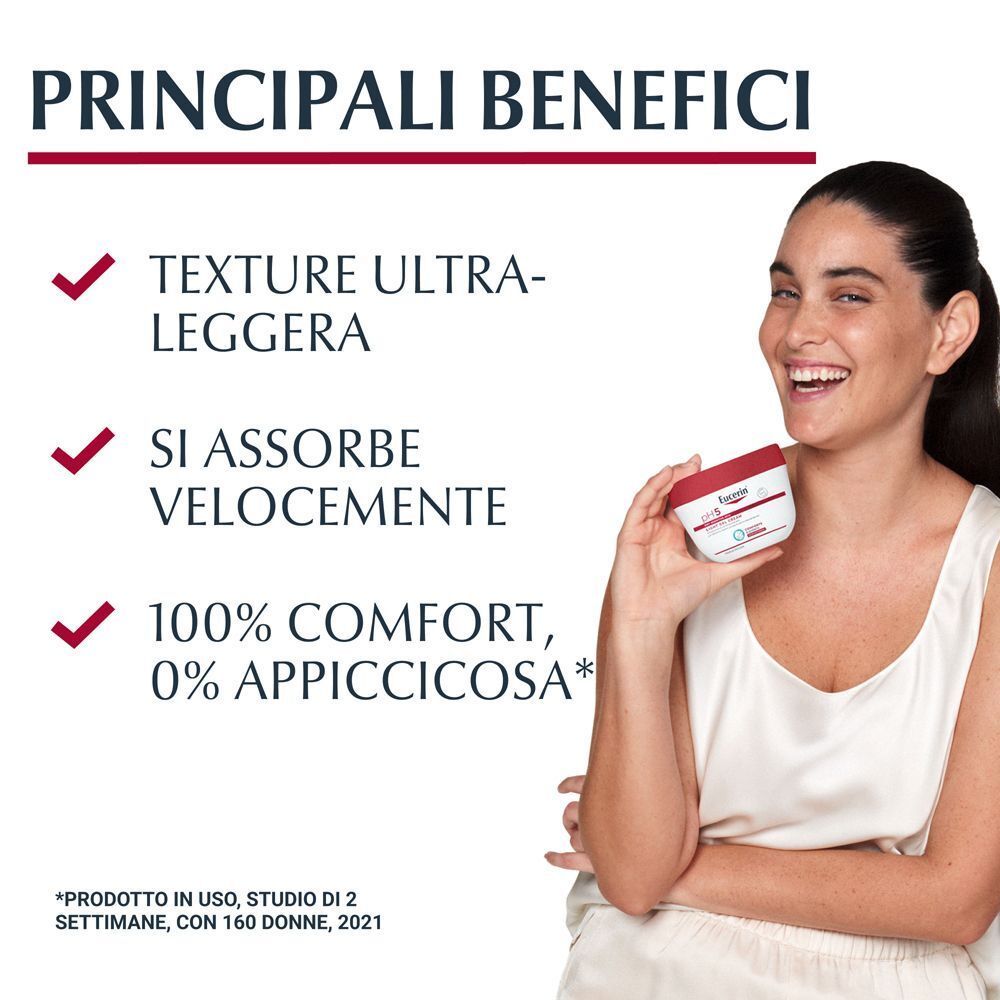 Donna con Eucerin pH5 Crema Gel Idratante. Testo: Texture ultraleggera, si assorbe velocemente.