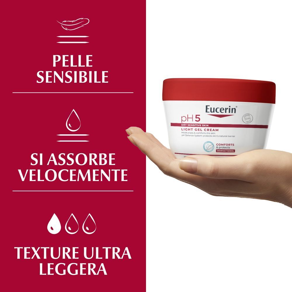 Mano con Eucerin pH5 Crema Gel Idratante. Testo: Pelle sensibile, si assorbe velocemente.