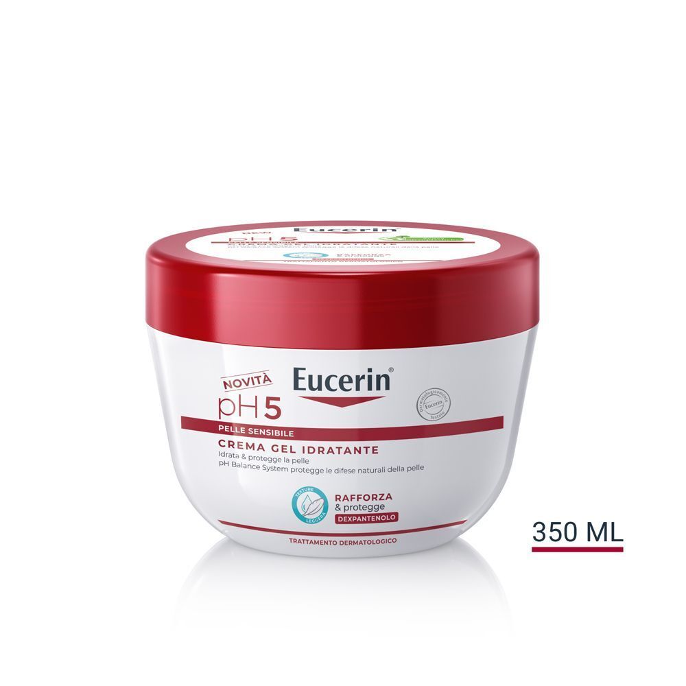 Eucerin pH5 Crema Gel Idratante 350 ml, contenitore bianco con tappo rosso.