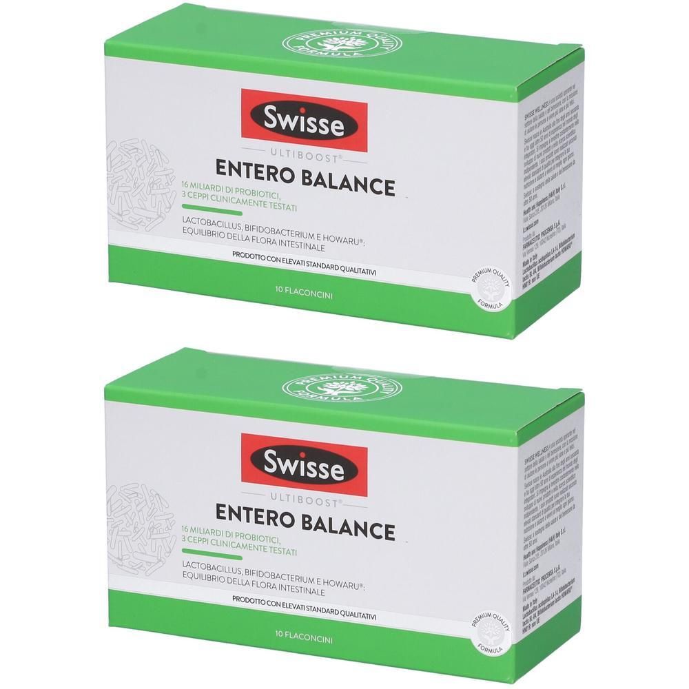 Due confezioni di Swisse Entero Balance, imballaggio verde e bianco. Contiene probiotici per l'equilibrio intestinale.