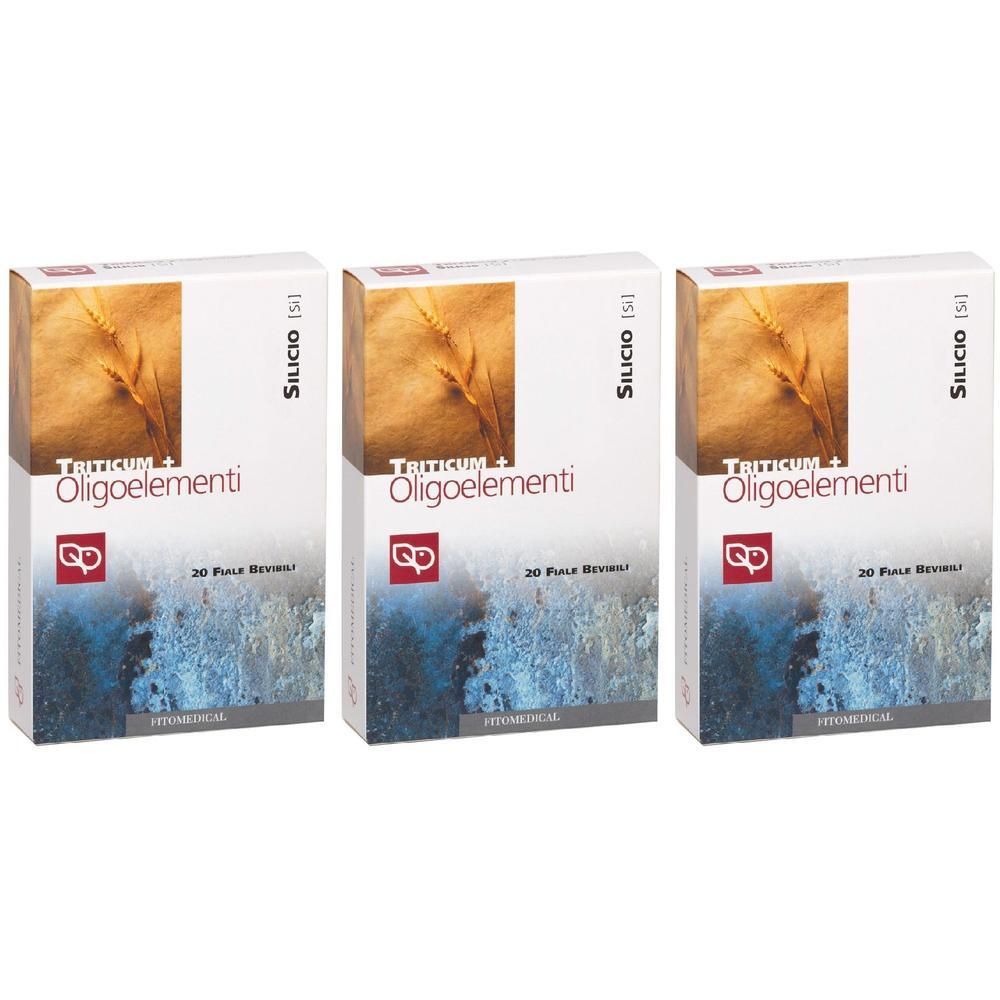 Tre scatole di Triticum+Si Oligoelementi con spighe di grano e motivo astratto.