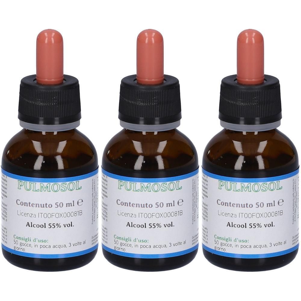 Tre flaconi in vetro ambrato con contagocce, da 50 ml ciascuno. Etichetta indica 'PULMOSOL', 'Alcool 55% vol.'
