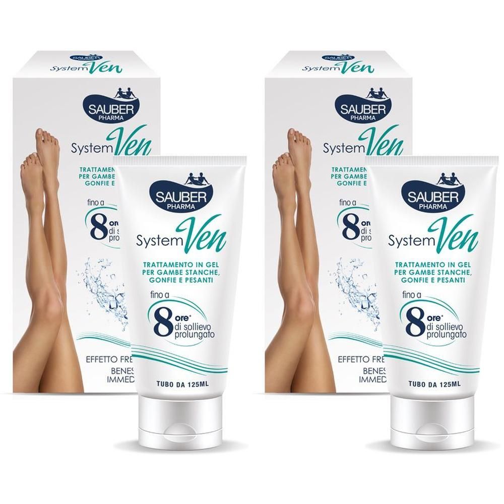 Due tubi e scatole di gel System Ven per gambe stanche. Mostra gambe femminili e 8 ore di sollievo.