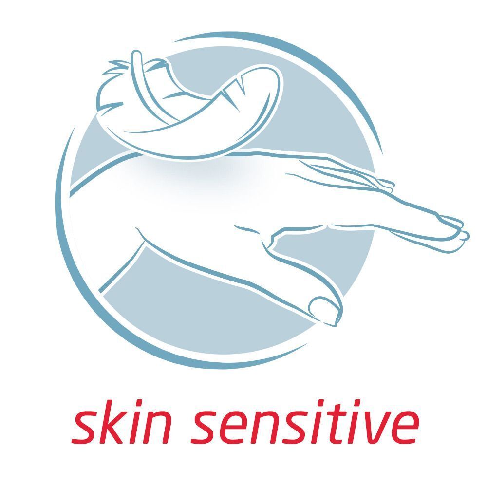 Simbolo per la garza adesiva Fixomull Skin Sensitive, delicata sulla pelle, con una piuma.
