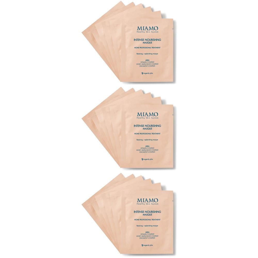 Tre bustine di MIAMO Intense Nourishing Masque, confezionate singolarmente.