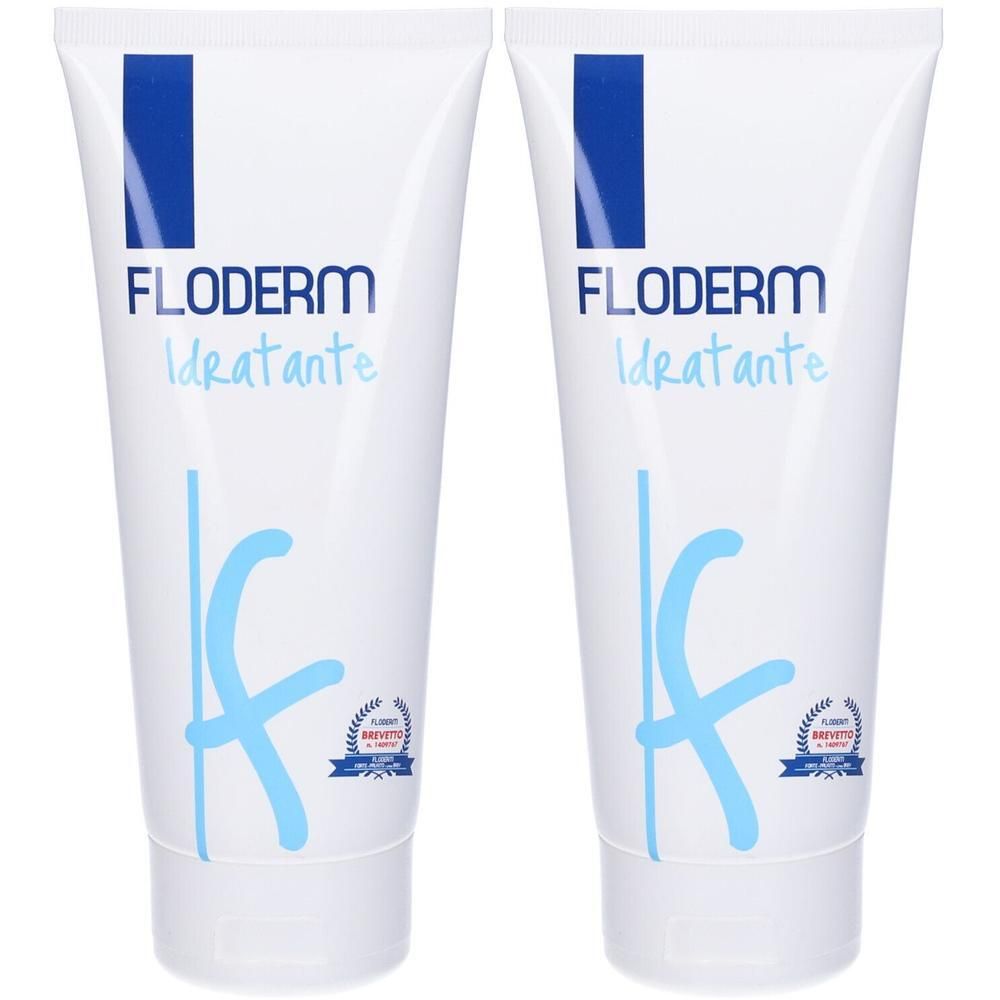 Due tubi bianchi Floderm Idratante con logo e scritta blu.