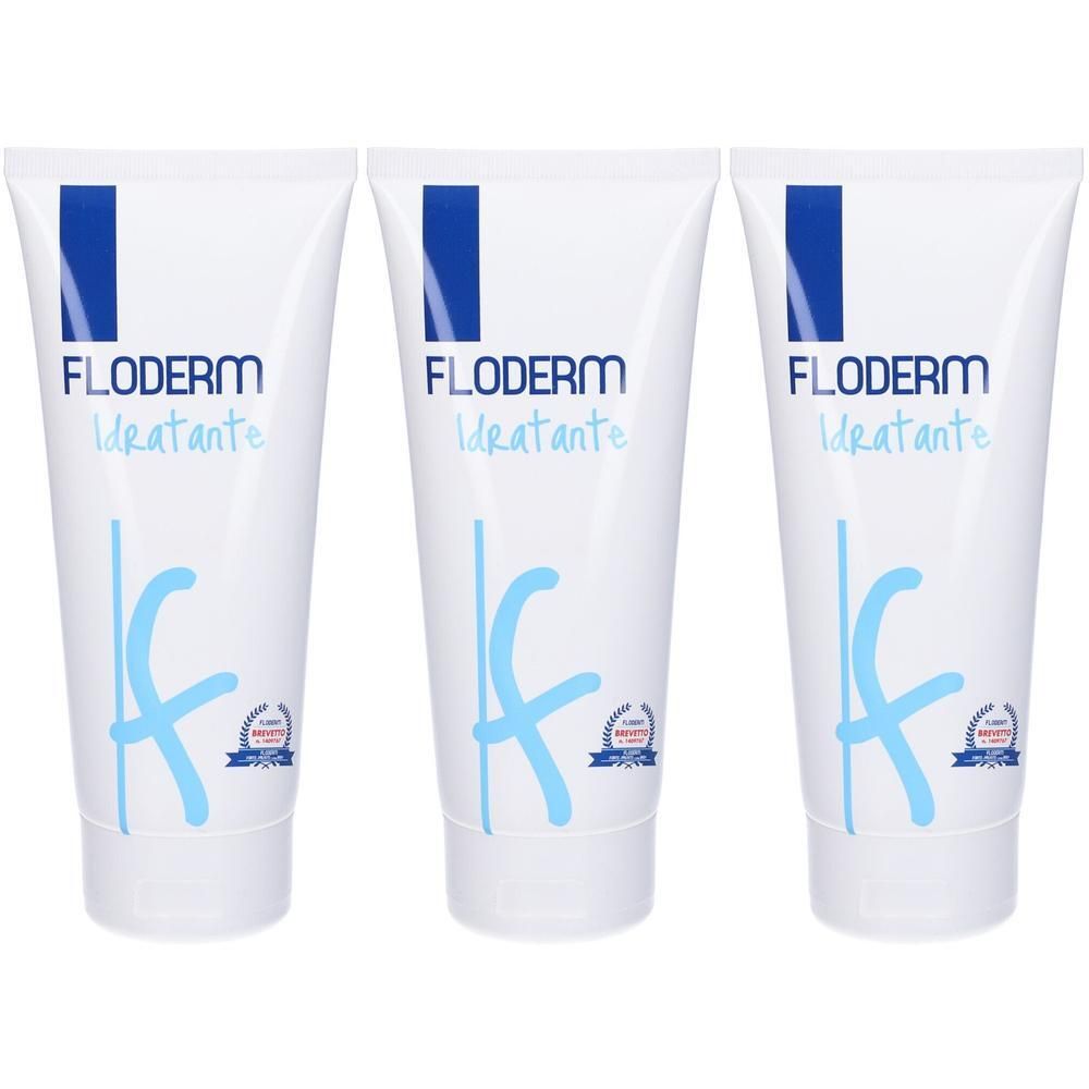 Tre tubetti bianchi Floderm Idratante con logo e scritta blu.