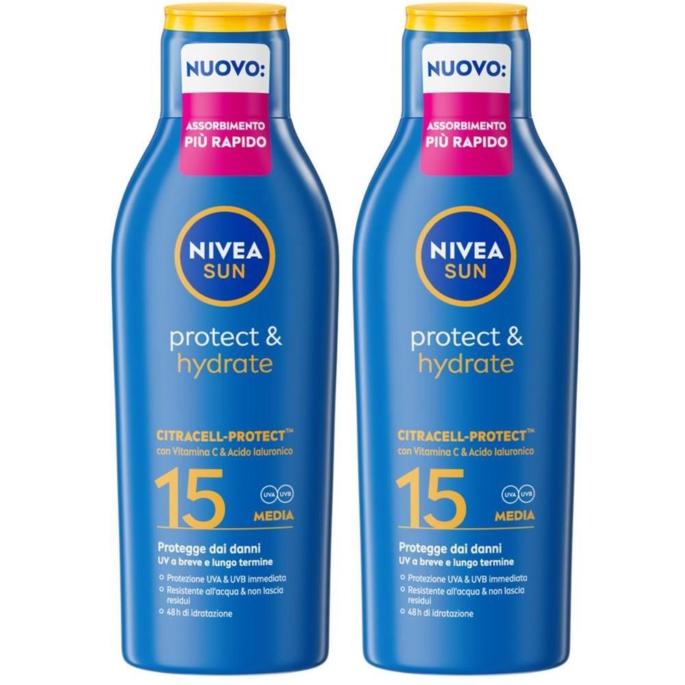 Nivea Sun Latte Solare Protect & Hydrate SPF15 200 ml, Crema solare 15 idratante per 48 ore