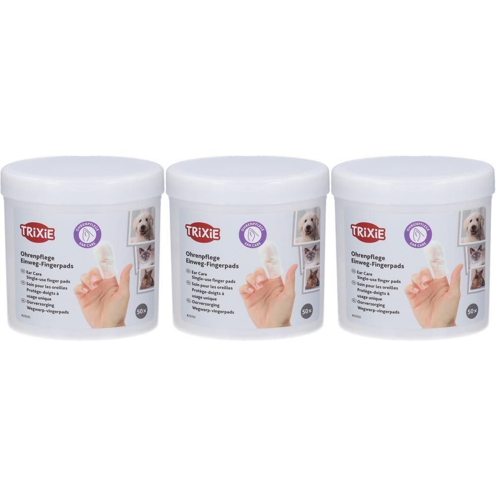 Tre confezioni di Trixie Fingerpads per la pulizia delle orecchie di cani e gatti.