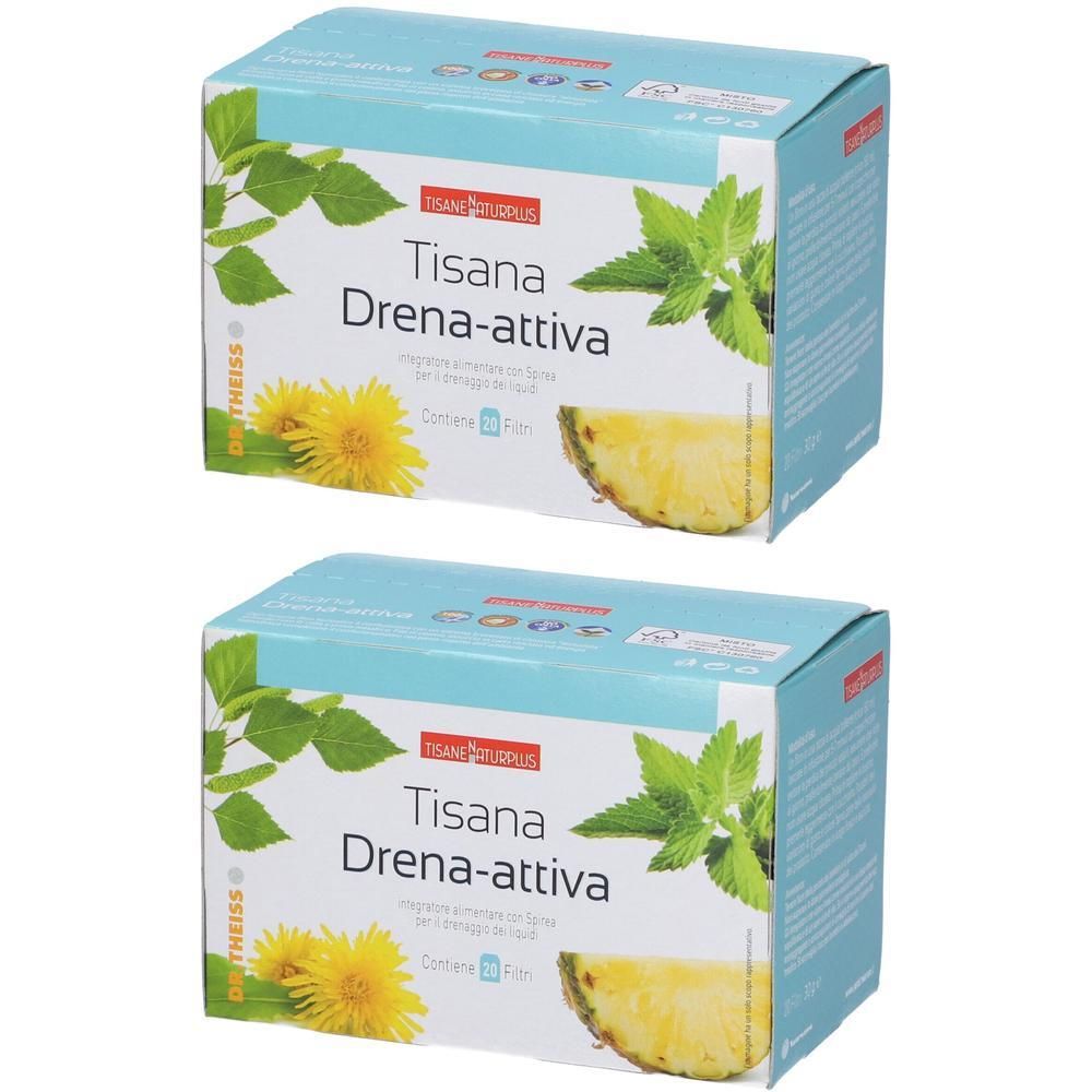 Due scatole di tisana "Tisana Drena-Attiva" con illustrazioni di tarassaco, menta e ananas.