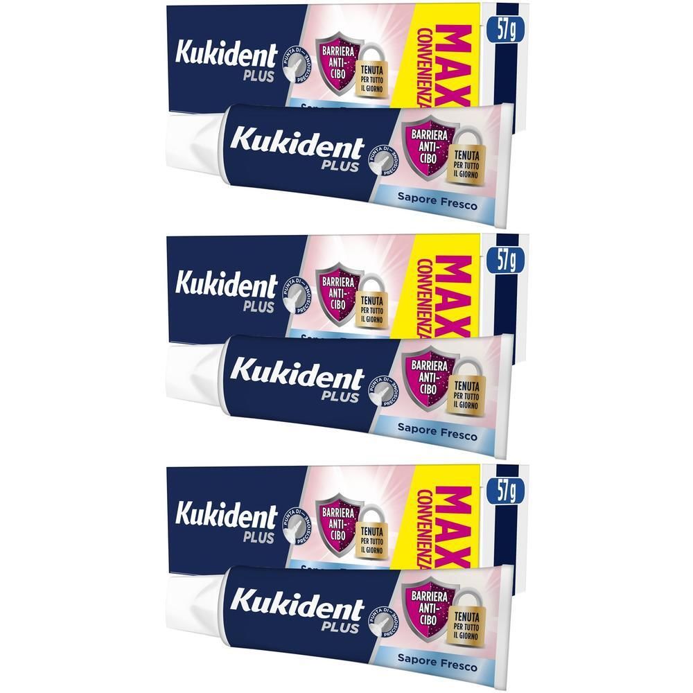 Tre tubetti di crema adesiva Kukident Plus Barriera Anti-Cibo Fresco, 57g ciascuno.