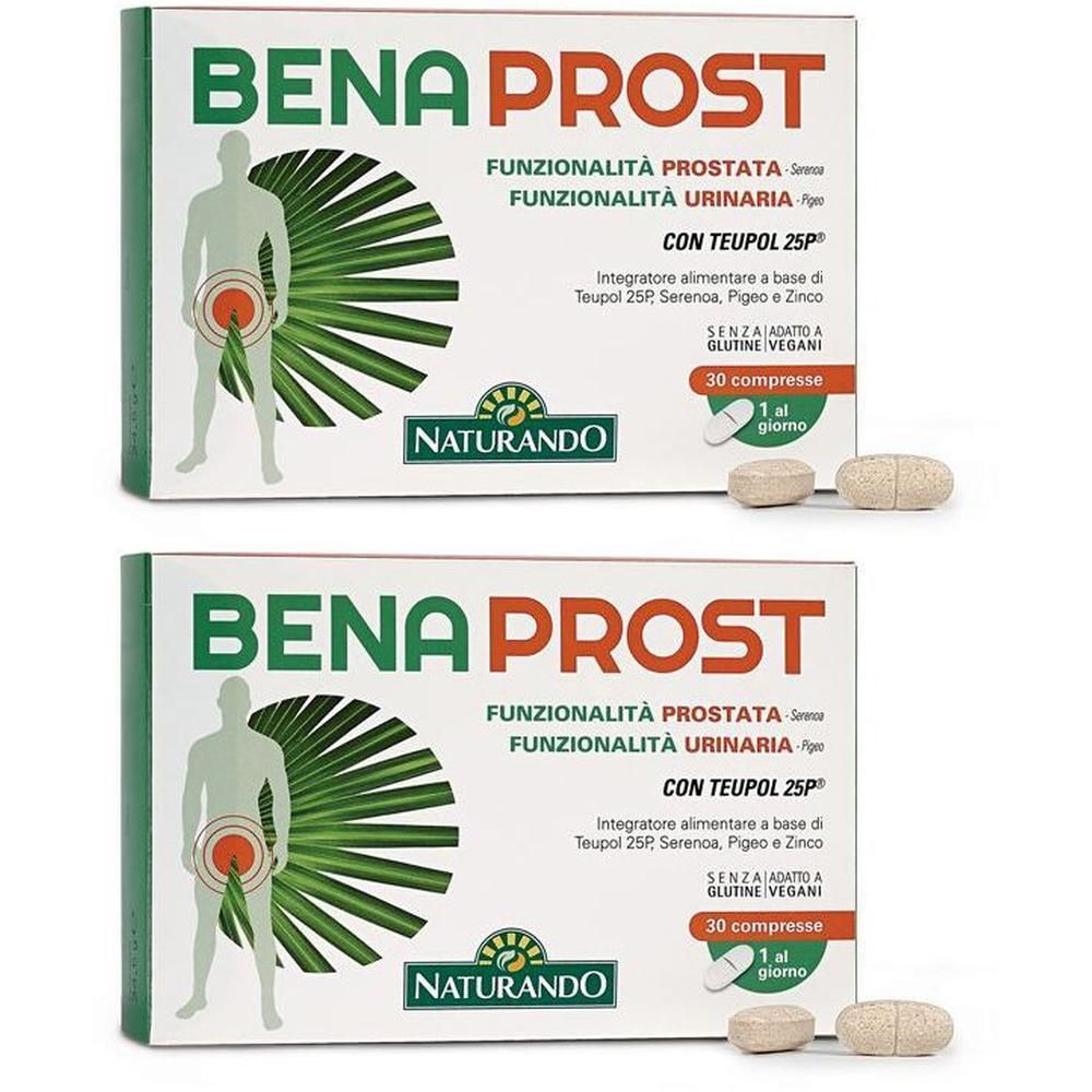 Due confezioni di Benaprost da 30 compresse, per la funzionalità prostatica e urinaria.
