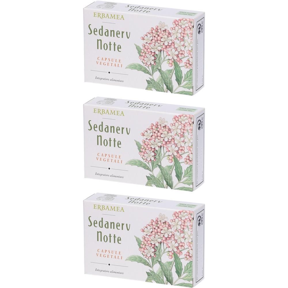 Tre confezioni di capsule vegetali Erbamea Sedanerv Notte con illustrazione floreale.