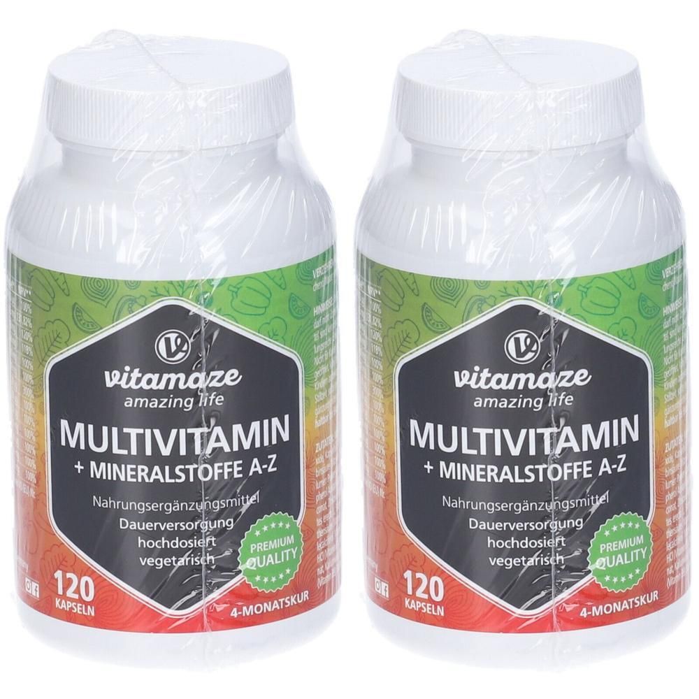 Due flaconi Vitamaze Multivitaminico + Minerali A-Z, 120 capsule per flacone, qualità premium.
