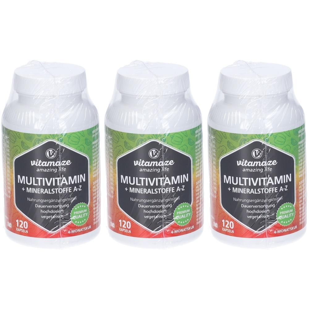 Tre flaconi di Vitamaze Multivitaminico + Minerali A-Z, ciascuno 120 capsule.